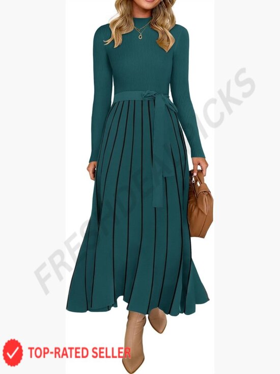 Dresses & Skirts - Turtleneck Long Sleeve Sweater Dress Tie Waist Casual Loose Ribbed Knit A Line